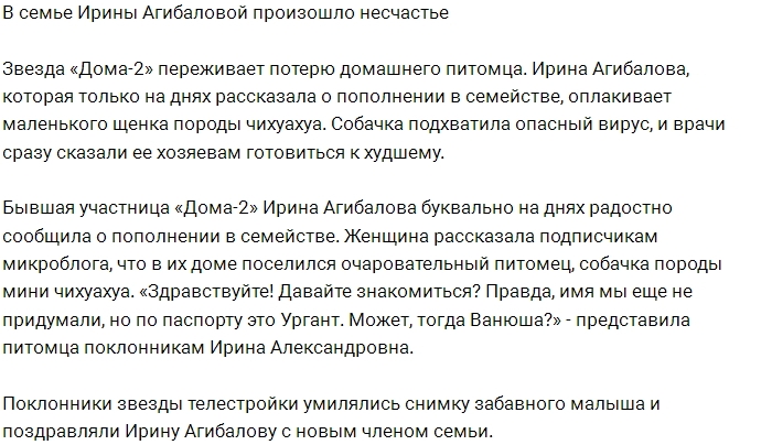 Ирину Агибалову постигла невосполнимая утрата Ирину Агибалову постигла невосполнимая утрата